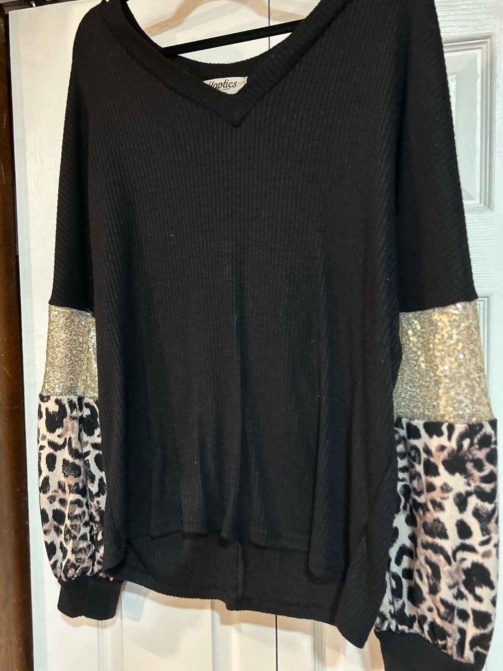 Black V-Neck Sweatshirt with Gold Sequin Panels and Leopard-Sleeve Accent